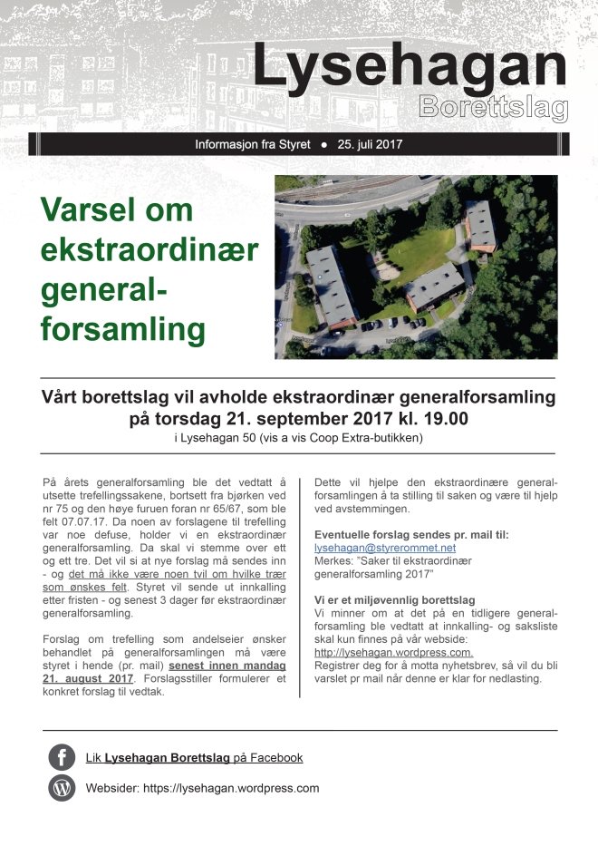 Info om Ekstraordinær generalforsamling Lysehagan BRL 25. juli 2017