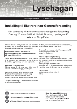 Innkalling til Ekstraordinær generalforsamling Lysehagan BRL 200319-1